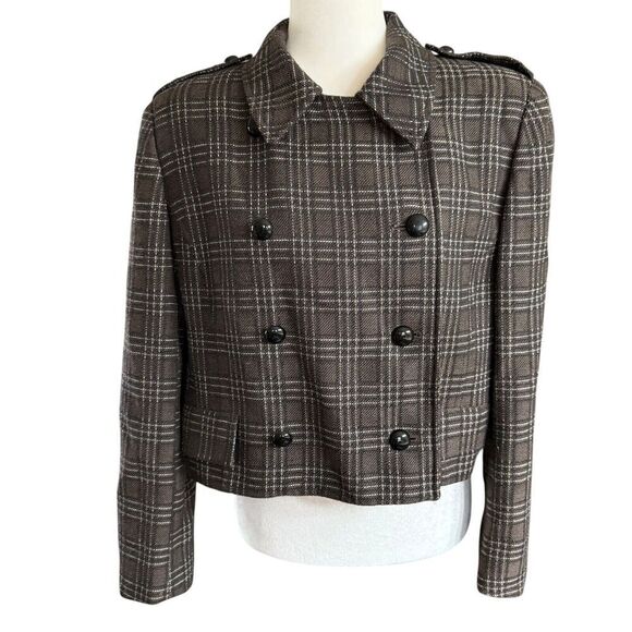 Vtg 80s Jacket Double Breasted Jacket Plaid Cropped Military 100% Wool Sz 14 - Picture 1 of 11